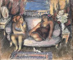 Deux jeunes femmes sur un canapé by Di Cavalcanti, Pastel, sold Apr 2015