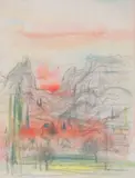 Paysage by Jean Carzou, 1961, Fusain, aquarelle et crayons de couleur sur papier, sold Apr 2015