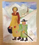 Mère et enfant devant un village de montagne by Georges Gimel, Gouache aquarellée sur papier, sold Jan 2015