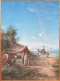 Paul PASCAL (1839- probablement 1906). La halte des chameliers by Paul Pascal, 1882, Gouache signée et datée, sold Dec 2021
