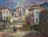 Place de l'église de Biriatou by Auguste Joseph Clergé, Gouache, sold Dec 2021