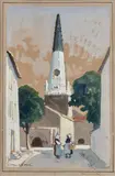 Église d'Ars-en-Ré by Christian Couillaud, Gouache, sold Dec 2021