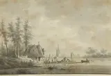 Pêcheur au bord d'une rivière by Nicolas Wicart, Crayon noir et lavis, sold Nov 2021