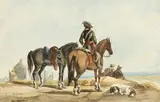 La halte des cavaliers by Joseph Jacops, vers 1840, Aquarelle, sold Nov 2021
