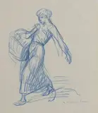 Femme marchant portant un panier by Théophile Steinlen, Crayon bleu, sold Nov 2021