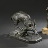 Panthère saisissant un cerf (première version) by Antoine-Louis Barye, Bronze patiné portant une signature Barye sur le dessus de la terrasse, Susse Fres Edit, P, sold Nov 2021