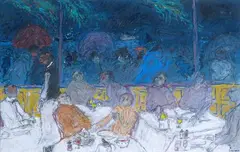 Au restaurant (il pleut dehors) by Jean Fusaro, Pastel et mine de plomb, sold Oct 2023