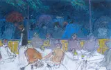 Au restaurant (il pleut dehors) by Jean Fusaro, Pastel et mine de plomb, sold Oct 2023