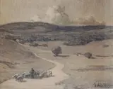 Paysage au troupeau de moutons by Joseph de La Nézière, Crayon, sold Sep 2023