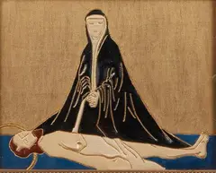 Sans titre by Jean Dunand, Panneau en bois à décor gravé et laqué figurant le christ, sold Mar 2019