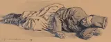 Le repos du zouave by Maurice Mahut, Crayon noir, plume et encre noire, lavis gris, sold Dec 2021