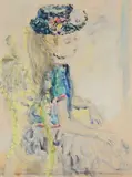 Jeune fille assise au chapeau fleuri by Constantin Andréevitch Terechkovitch, 1952, Aquarelle sur traits de crayon, sold Dec 2021