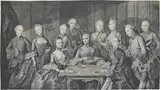 née LISIEWSKA (Berlin 1713-Dresde 1783) La future impératrice Catherine II de Russie en compagnie de sa mère et de son époux, le futur Pierre III, lors d'une pa by Anna Rosina Matthieu, 1757, Aquarelle, plume, encre de Chine, crayon noir et rehauts de craie blanche, sold Dec 2021