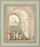 Deux italiennes puisant de l'eau à la fontaine by Victor-Jean Nicolle, Plume et encre brune, aquarelle, sold Dec 2021