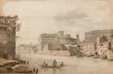 Le palais Farnèse vu depuis les quais du Tibre by Victor-Jean Nicolle, Plume et encre brune, lavis gris et brun, aquarelle, sold Dec 2021