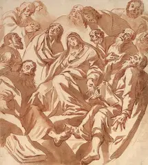 La Vierge entourée par les Apôtres by Claude Vignon, vers 1640, Lavis brun et sanguine, sold Dec 2021