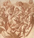 La Vierge entourée par les Apôtres by Claude Vignon, vers 1640, Lavis brun et sanguine, sold Dec 2021