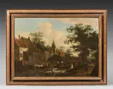 Village avec des barques sur le canal by Peter van Maes, Panneau de chêne, sold Dec 2021