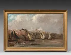 Bateaux près d'une côte by Edouard-Jacques Dufeu, Panneau, une planche, non parqueté, sold Dec 2021