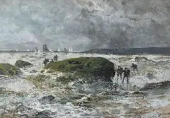 Scène de pêche à marée basse by Alexandre Defaux, Gouache sur papier, sold Nov 2021