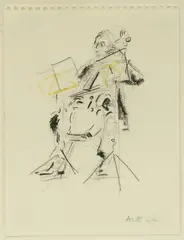 Le contrebassiste by Daniel Authouart, 1994, Mine de plomb et crayon de couleur sur papier, sold Oct 2021