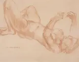Femme allongée sur le dos bras en l'air by Charles Malfray, Sanguine, sold Oct 2015