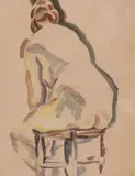 Nu féminin de dos assis sur un tabouret by Maurice Loutreuil, Encre et aquarelle, sold Oct 2015