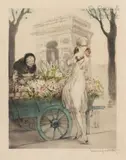 La marchande de fleurs devant l'arc de Triomphe. 1928 by Louis Icart, Gravure en couleur (pointe sèche et aquatinte) signée en bas à droite, sold Apr 2022