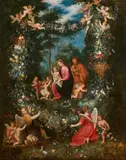 La Sainte Famille entourée d’anges dans une guirlande de fleurs sur un fond de paysage by Jan Brueghel the Younger, Panneau de chêne, trois planches, non parqueté, peint au revers Hauteur :, sold Dec 2021