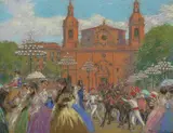 Séville, jour de fête ou Elégantes se rendant aux arènes by Manuel Losada Pérez de Nenin, Pastel, sold May 2017