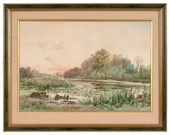 Couché de soleil sur la mare by Auguste Allongé, Aquarelle, sold Nov 2024