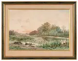 Couché de soleil sur la mare by Auguste Allongé, Aquarelle, sold Nov 2024