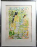 La brodeuse by Le Pho, Lithographie polychrome représentant une jeune femme brodant, assise dans un jardin fleuri, sold Nov 2024