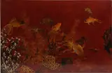 Poissons voiles parmi des plantes aquatiques by Trân van Hà Vietnam, Panneau en laque polychrome à dominante de camaïeu de bruns et or sur fond rouge foncé, re, sold Nov 2024