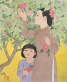 Jeune femme et enfant auprès d’un arbre fruitier, cueillant des grappes de baies roses by Nguyen Hoang Hoanh Vietnam, 2009, Aquarelle sur soie, sold Nov 2024