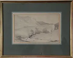 Paysage animé avec un torrent au pied de falaises by William Frederick Witherington, Lavis brun sur traits de crayon noir et rehauts de gouache blanche, sold Nov 2024