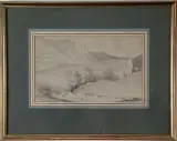 Paysage animé avec un torrent au pied de falaises by William Frederick Witherington, Lavis brun sur traits de crayon noir et rehauts de gouache blanche, sold Nov 2024