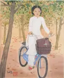 Jeune fille en blanc, à bicyclette parmi des arbres, son cartable dans un panier à l’avant by Nguyen Hoang Hoanh Vietnam, 2009, Aquarelle sur soie, sold Nov 2024