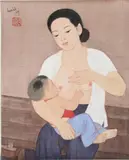 Maternité : jeune mère assise, allaitant son enfant by Nguyen Hoang Hoanh Vietnam, 2009, Aquarelle sur soie, sold Nov 2024
