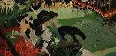 vers 1948 by Le Thy, Panneau horizontal en bois laqué, représentant, dans une polychromie très vive, une panthè, sold Nov 2024