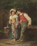 Scène galante près d'une fontaine by Charles-Baptiste Schreiber, Toile, sold Mar 2019