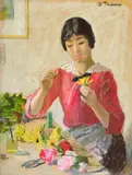 La bouquetière à son établi by M. Thoureau, Pastel sur papier, sold Oct 2024