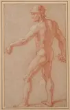 Académie d'homme casqué tenant une épée by François-Alexandre Verdier, Sanguine sur papier beige, sold Mar 2024