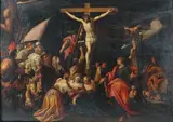 La Crucifixion by Hans von Aachen, Panneau de chêne, deux planches, préparé, sold Mar 2024