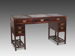 A Chinese Rosewood and Marble Inset Three-Piece Pedestal Desk, Late Qing Dynasty, 19th Century by Chinese School, A Chinese Rosewood and Marble Inset Three-Piece Pedestal Desk, Late Qing Dynasty, 19th Cen, sold Apr 2021