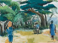 Yoruba Village by Ben Enwonwu, 1953, gouache on paper, sold Apr 2021