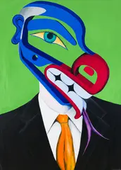 Untitled Portrait in Suit by Lawrence Paul Yuxweluptun, 2013, acrylic on canvas, sold Mar 2021