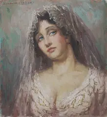 Model in Lace Mantilla by Norman Lindsay, Oil on Canvas on Board, sold Oct 2026