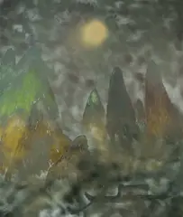 Chinese Mountain Landscape with Boat by Sidney Nolan, c.1982, Acrylic & Lacquer Spray on Canvas, offered Oct 2026