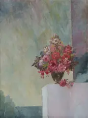 Vase of Flowers with Fuchsias Near the Ocean by Adrian Feint, Oil on Board, sold Oct 2026